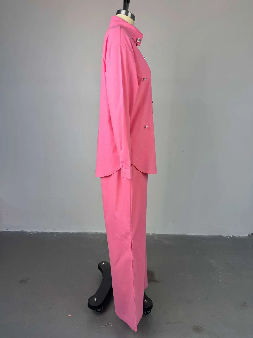Pant Set Women Two Piece Sets Beaded Turn Down Collar Full Sleeve Shirt Single Breasted Wide Leg Long Pants Elastic Waist 2026