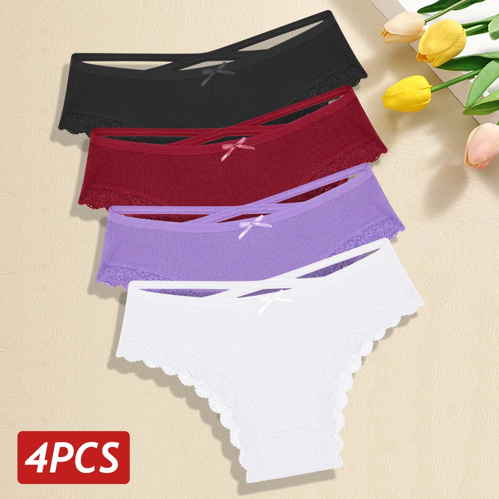 4PCS/Set Women Cotton Panties Sexy Lace Braizlian Panties Low Rise Hollow Out Underwear for Female Cute Bow Breathable Lingerie