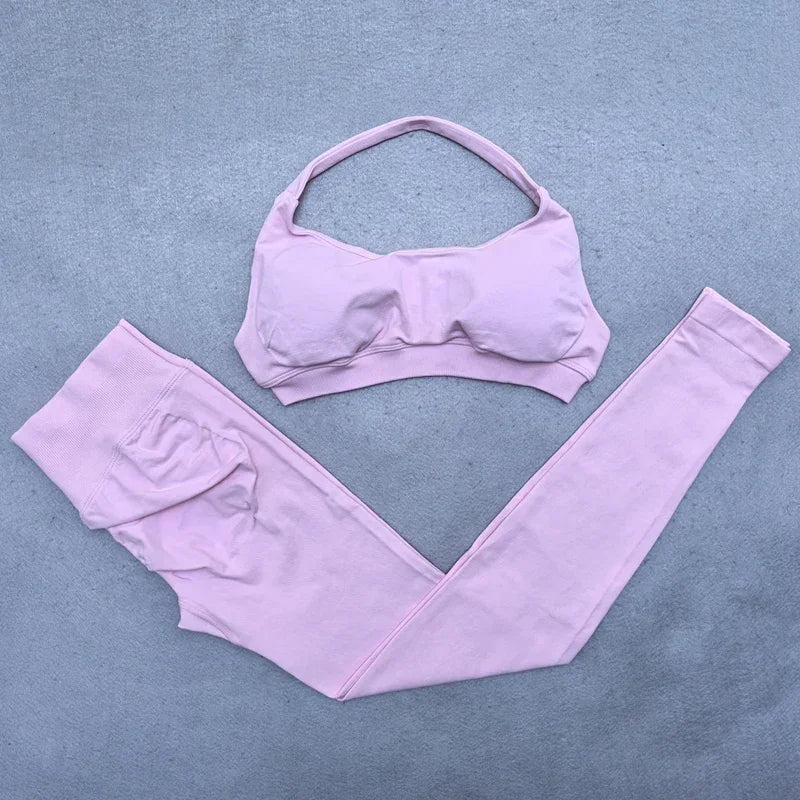 Gym Set 2pcs Women Backless Yoga Bra Top Workout Scrunch Pants Sports Suit Fitness Clothes Seamless Outfits Yoga Leggings