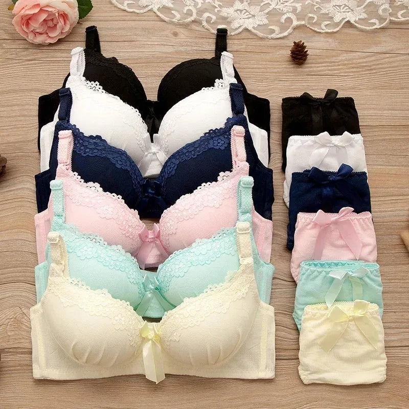 2pcs/set Solid Color Lace Bow Sexy No Steel Rings Comfortable Girls Bra Gather Adjustable Bra Panties Set Teen Underwear Puberty