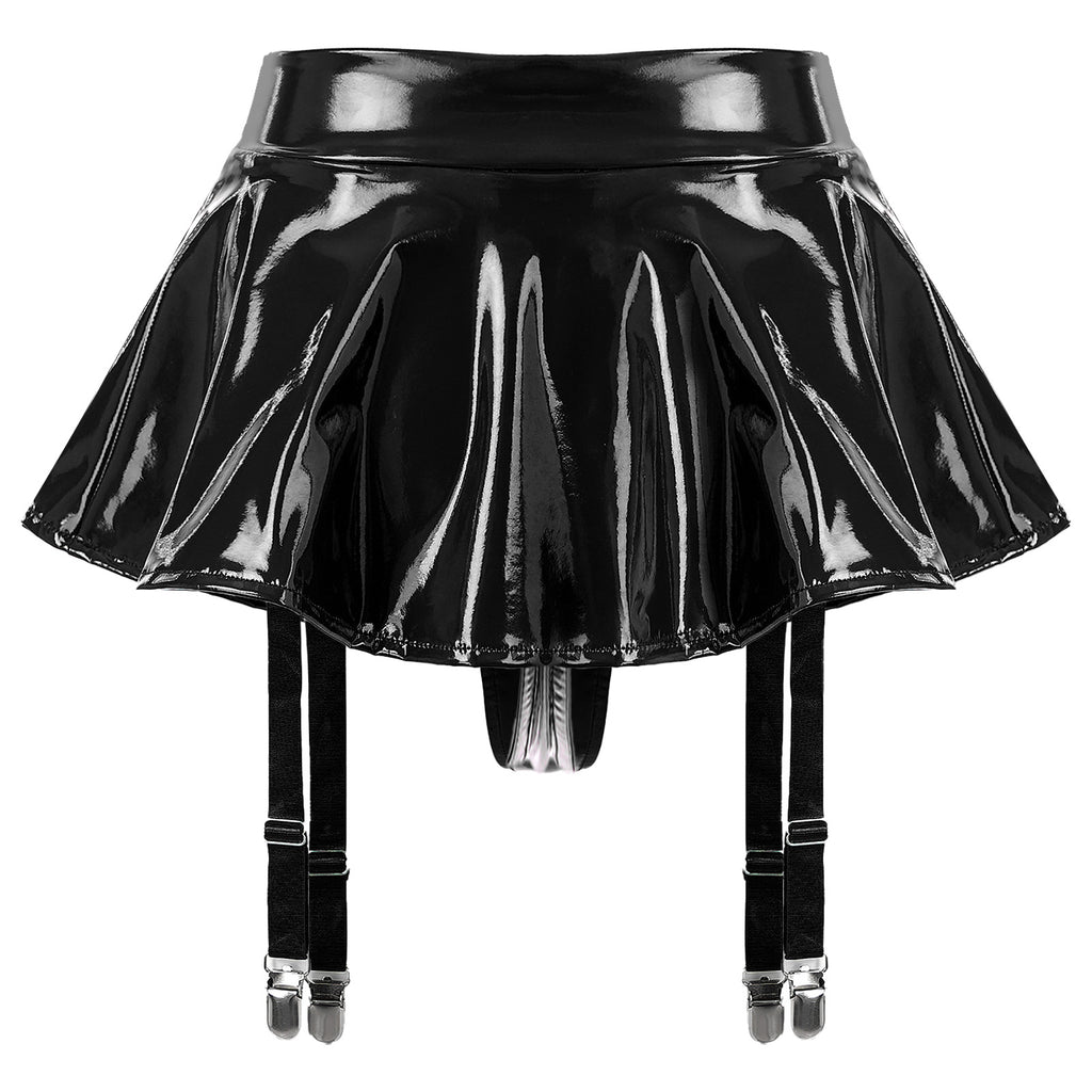 Lingerie Sexy Set Women Wetlook Patent Leather Wire-free Open Cup Sexy Bra with Ruffle Built-in Thongs Garter Belt Mini Skirts