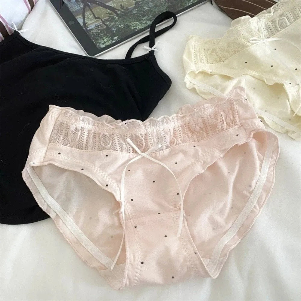 Lingerie Mid-waist Underwear Women Ruffle Patchwork Cotton Bow Briefs Dots Underpants Sweet Panties Summer