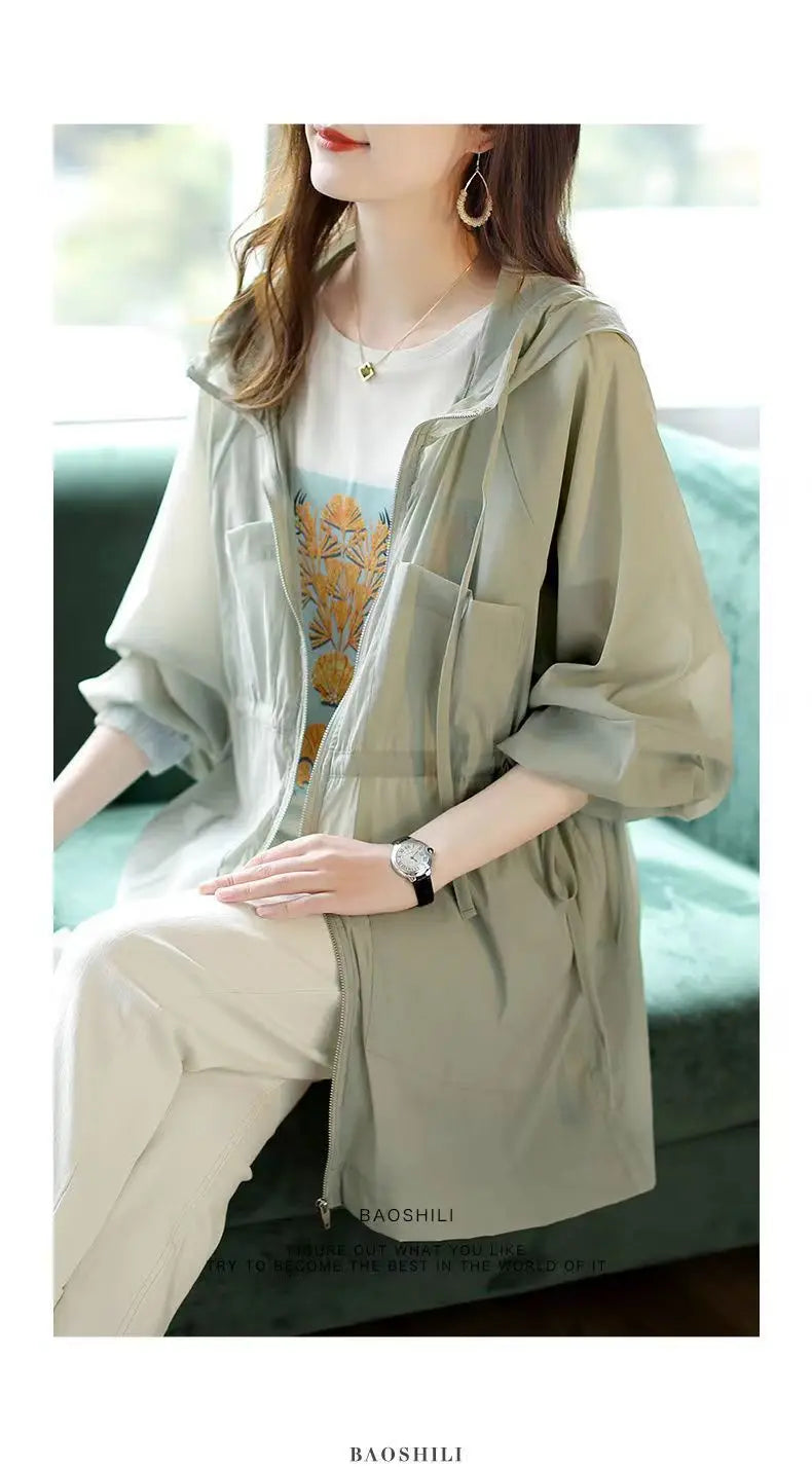 Summer Sunscreen For Women 2025 New Drawstring Waist Mid-length Thin Windbreaker UV Protection Cardigan Lightweight Trench Coat