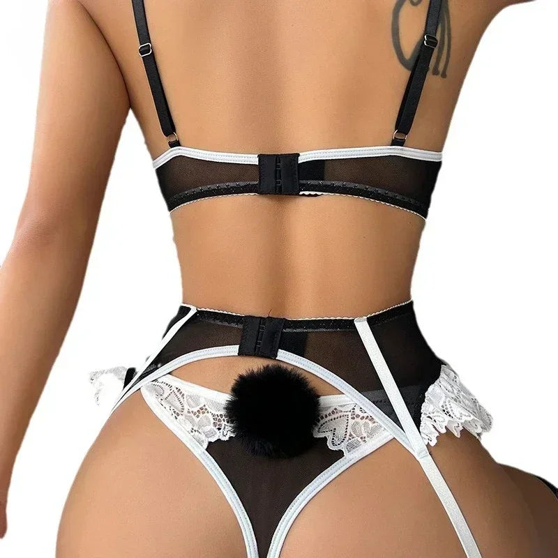 Pink Lace Bra and Panties with Garter Set Women's Sexy Lingerie Underwear See Through Erotic Porn Babydoll Clothes