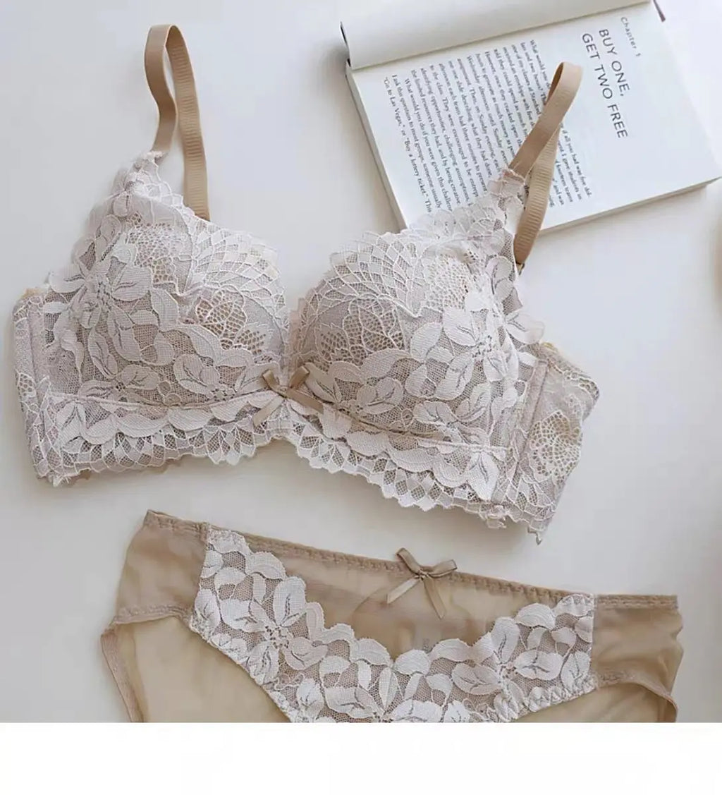 Women's Japanese Style Bra & Panty Set Luxury Lace Push Up Small Bust Support Adjustable Comfort No Gap Wirefree Free Shipping
