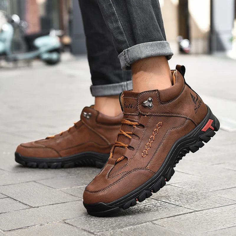 Men's High-Top Round-Toe Fashion Boots Lace-Up Outdoor Hiking Shoes Spring/Fall Thick-Sole Casual Oversized Men's Shoes