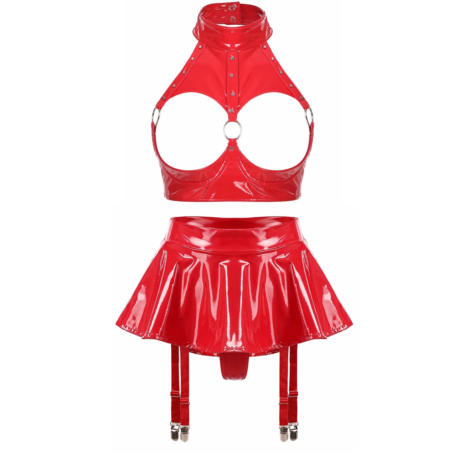 Lingerie Sexy Set Women Wetlook Patent Leather Wire-free Open Cup Sexy Bra with Ruffle Built-in Thongs Garter Belt Mini Skirts