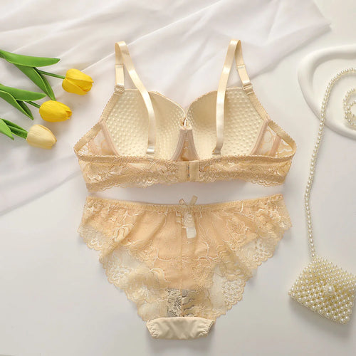 2Pieces Bras and Panty Sets Sexy Lace Transparent Floral Clothing Underwire Push Up Lingeries For Woman