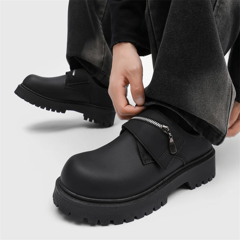 Men's Leather Shoes:Chunky-Soled Zipper Derby Shoes-Style Wide-Toe Casual Loafers#Business British Formal Luxury Black Driving46