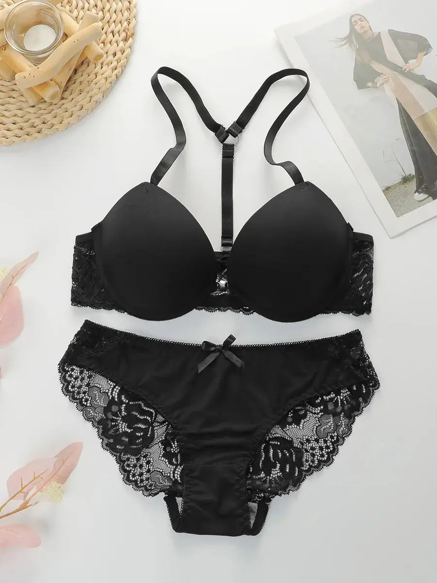 Front Closure Black Bra set sexy Panty Set for Women Thick Padded Cups Front Closure High Impact Support push up Lingerie A2156