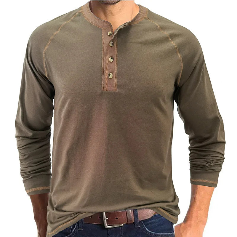 Summer  Autumn Men's American Heavy Cotton Henry Shirt  Long Sleeve Fitness Tough Guy T-Shirt Casual  T Shirt for Men Clothing
