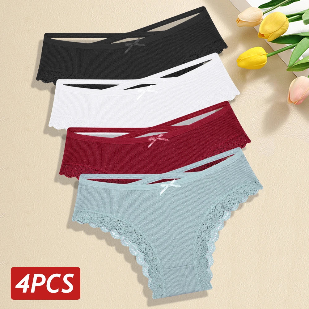 4PCS/Set Women Cotton Panties Sexy Lace Braizlian Panties Low Rise Hollow Out Underwear for Female Cute Bow Breathable Lingerie