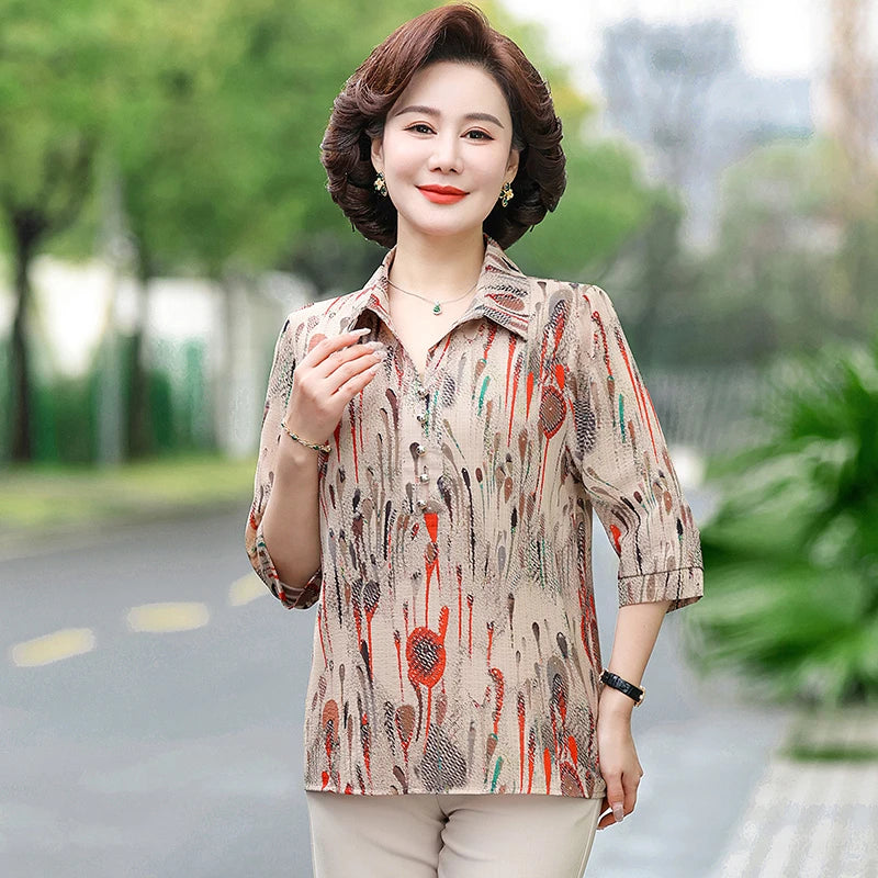 Summer Plus Size Shirt For Women's 2025 Printed Loose Top Mulberry Silk Blended Vacation Work Women's Clothing