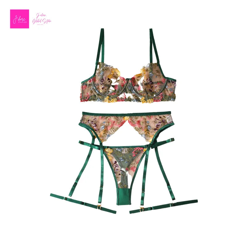 Lingerie Set Sensual Lace Underwear Transparent Embroidery 3 Pcs Garters Fancy Beautiful Short Skin Care Kits Intimate Bra Set