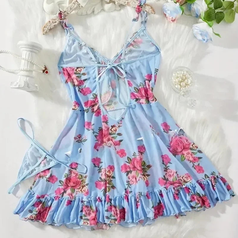 Women's Underwear Sexy Bra and Panties Sets Lace Ruffle Trim Lingerie Set Deep V Slip Dress Thongs Plus Size Floral Bow Bra Sets