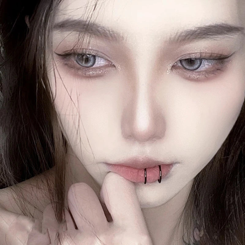 Punk Stainless Steel Black Non Pierced Lip Ring Hollow Double Layer Lip Cuff Faux Body Piercing Jewelry