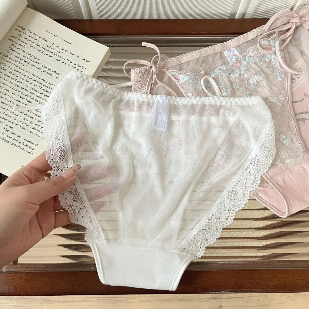 Lingerie Low Waist Embroidery Flower Panties Transparent Sweet Underwear for Women Cotton Crotch Mesh Lace Briefs Girl