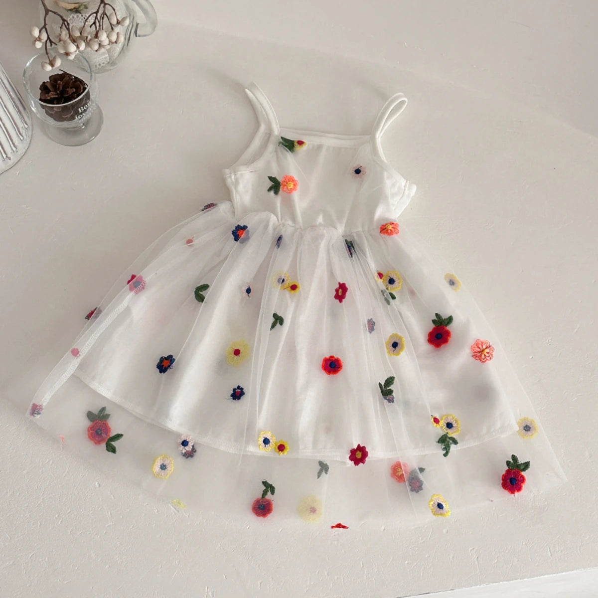Summer Baby Girls  White Embroidered  Tie Back Suspender Dress Kids Sweet dress Children Outfit Skirt 6Month-3Y