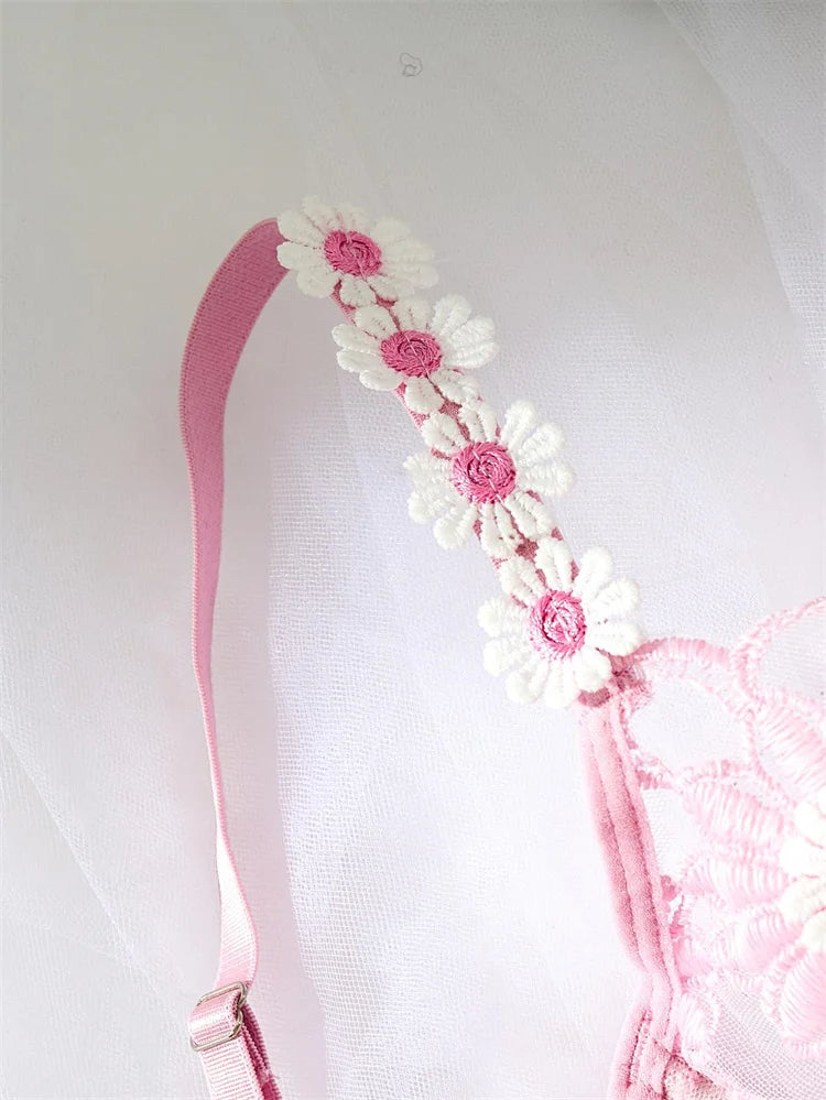 Sexy Lingeries Women Floral Embroidery Lingerie Set Pink Mesh Underwear Ultra Thin Bra and Panties Sets Romantic Erotic Lingerie