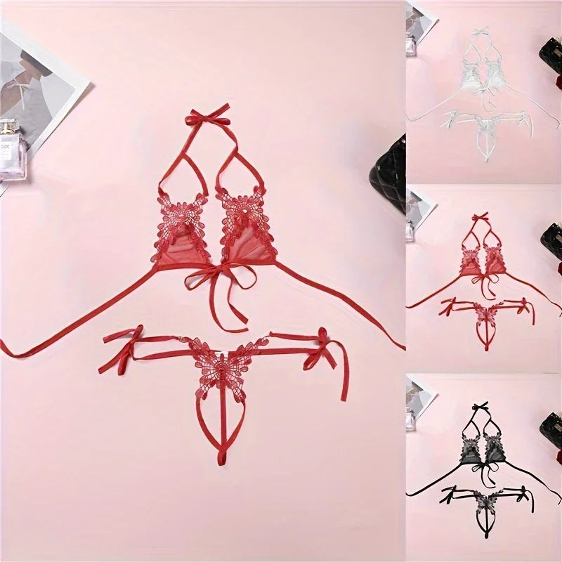 New Sexy Lingerie Fancy Porn Bra Set Woman 2 Pieces Transparent Women's Lace Panties Erotic Beautiful Bra And Thong Set