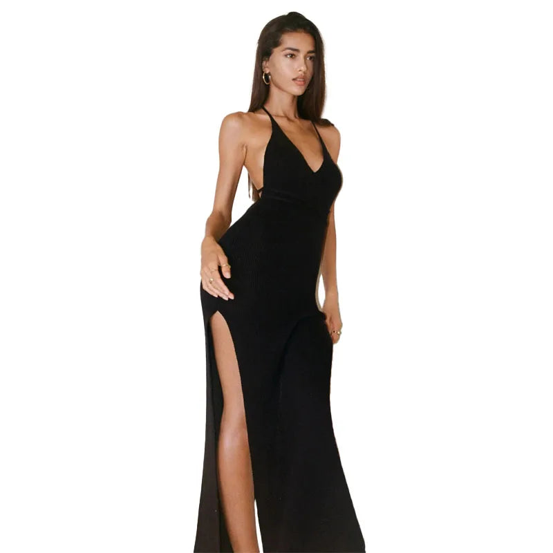 Summer Beach Dress High Split Solid Color Vacation Dress Sexy Knit Backless Halter Dress Elegant Sleeveless Bodycon Tie-up Dress