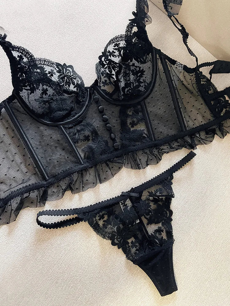 Embroidery Sexy Women Bra Set Underwear Push Up Brassiere Lace Transparent Bra Panty Sets Wedding Bralette Thin Underwear