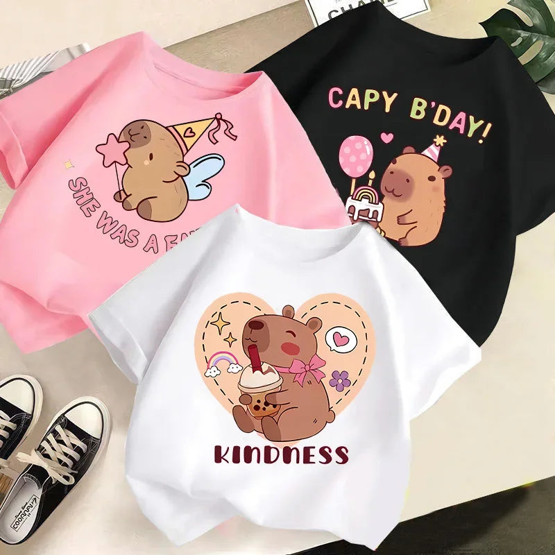 Summer New Girls' T-shirt, Short-sleeved, Children's Round Neck, Loose, Cute and Stylish, Capybara Print Casual Top Kids Modal