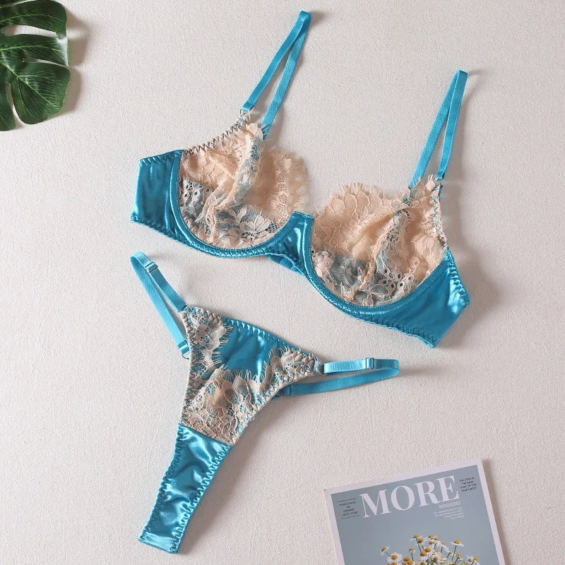 Women Bra and Briefs Sets Lace Flower Embroidery Sexy Perspective Underwire Erotic Lingerie Panty Two-Piece Underwear Set 2026