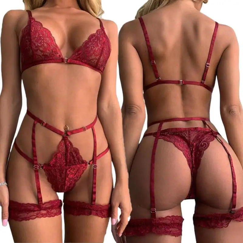 Sexy Bra Panty And Garters Lingerie Sexual Outfit Hot Transparent Wine Red Lace Exotic Women's Underwear Bra Set Erotic Costumes