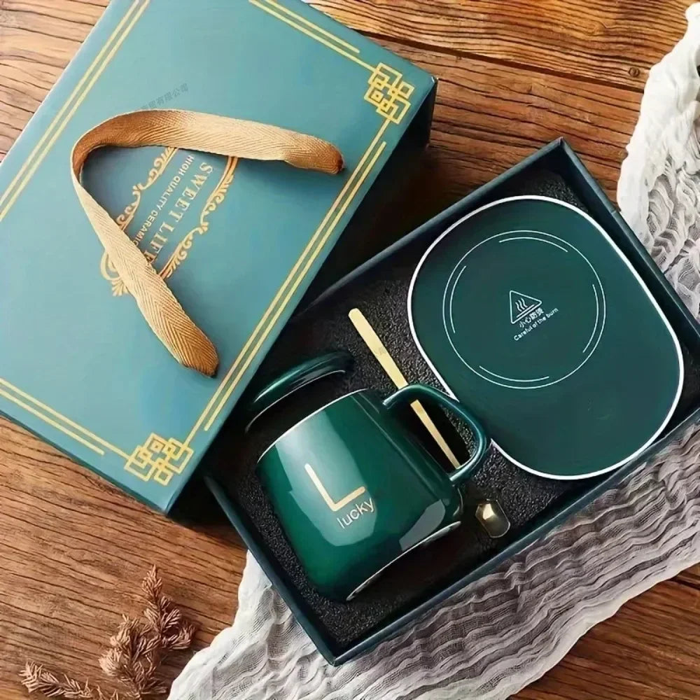 Portable USB Rechargeable Heating Cup 55℃ Thermal Ceramic Mug with Stainless Steel Spoon Gift Set for Travel Office Gift