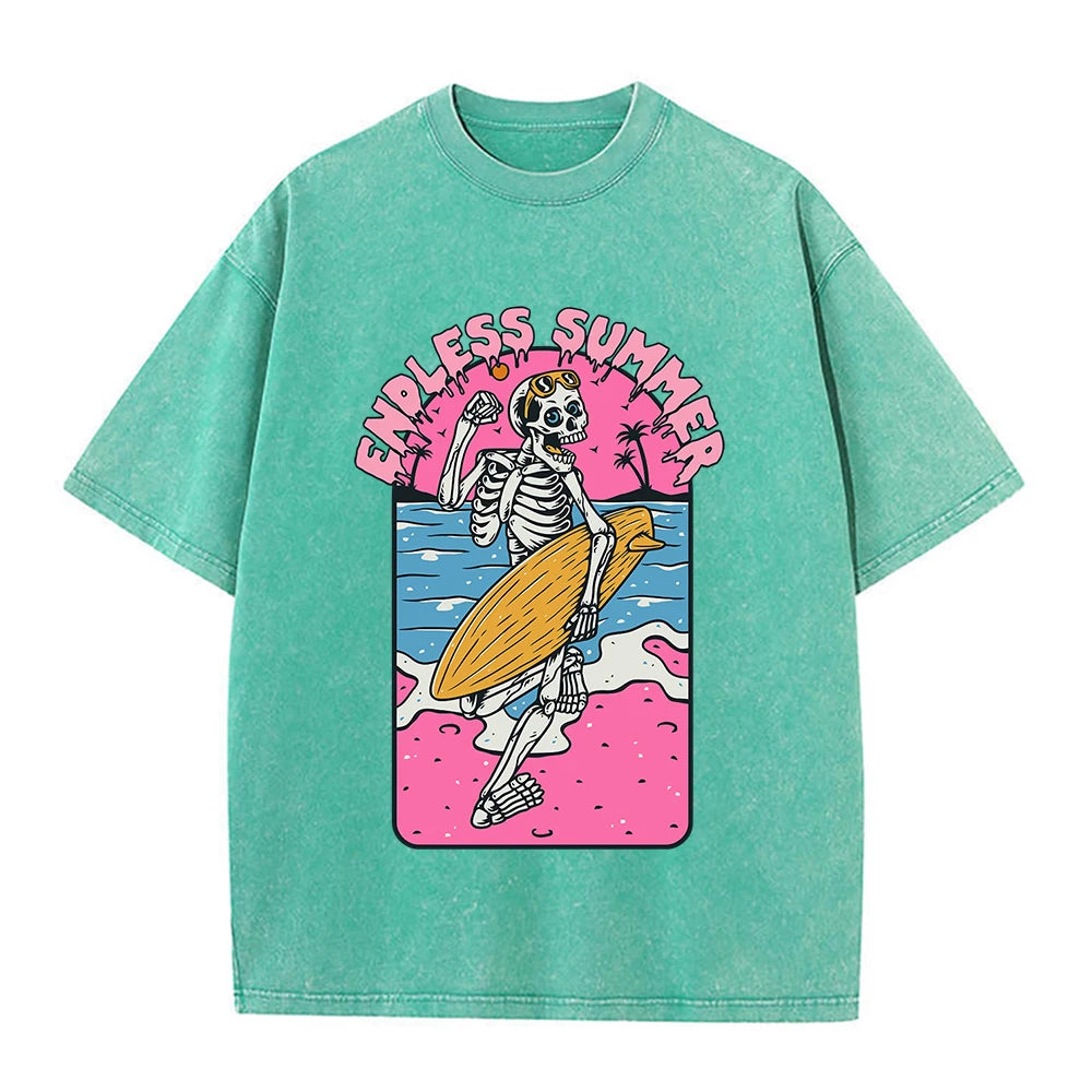 Endless Summer Skeleton Surfing 
Washed Retro Snow Clothing Men Quality T-Shirt Summer Cotton T-Shirts Hip Hop Street Loose Tops