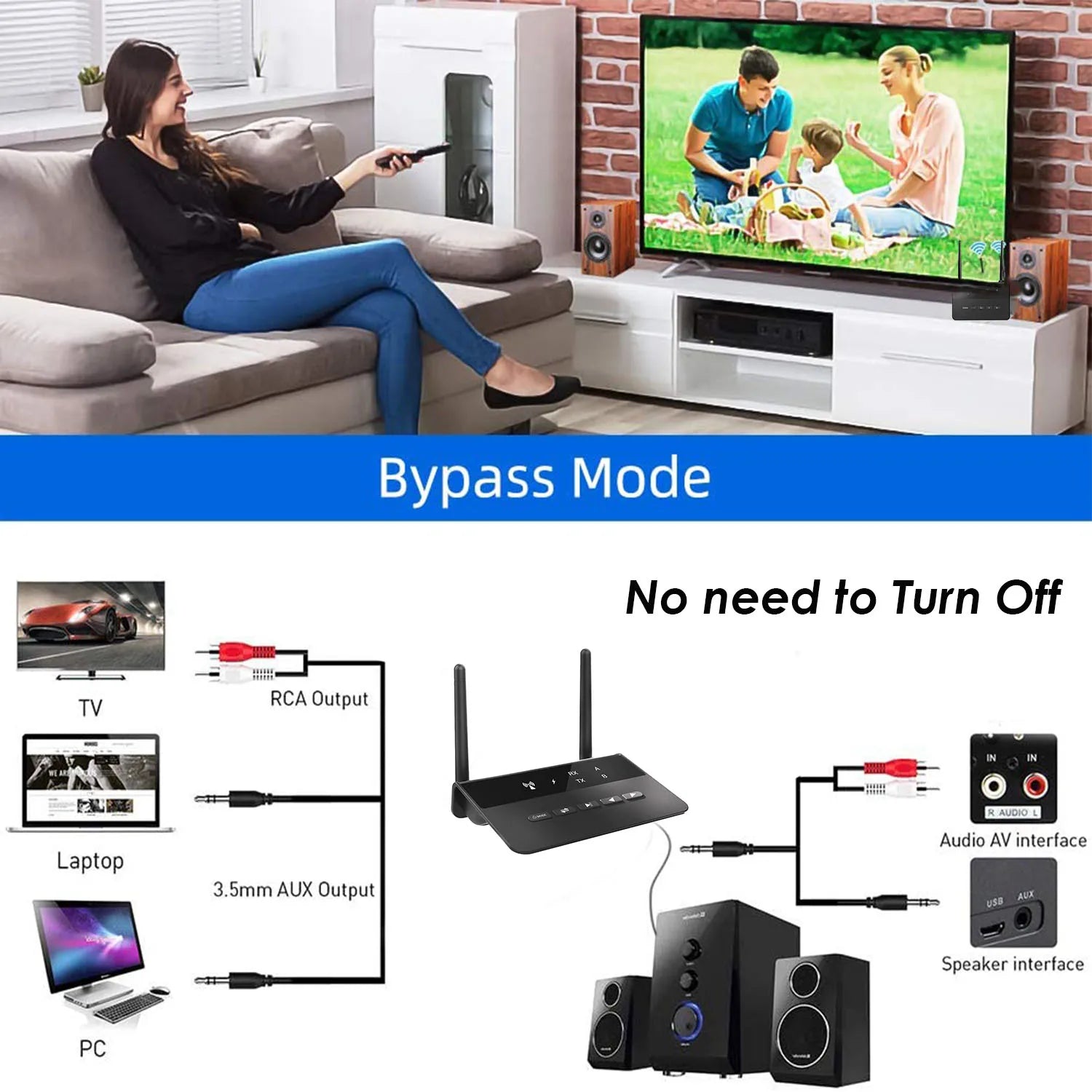 Bluetooth 5.4 Audio Transmitter Receiver Wireless Music Adapter Pair 2 Devices BT 5.0 3.5mm Aux Jack RCA For TV Car PC Headphone