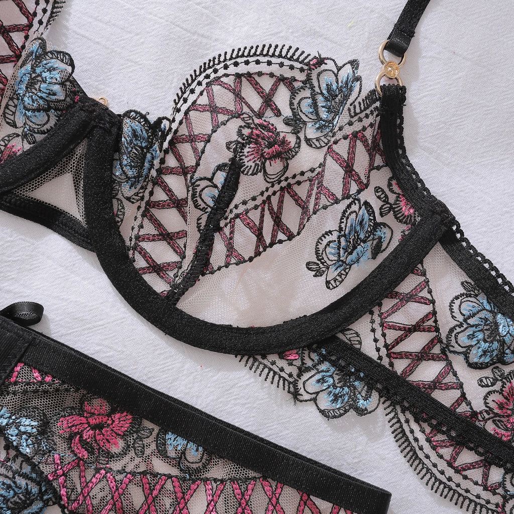 MUZISKAT Tie Dye Embroidered Lingerie 2025 Women's Shapewear Lingerie Sexy Bra+thong Transparent Sexy Lingerie Set 4-piece set