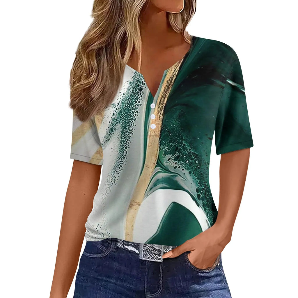 Summer Women T-Shirts 3D Fashion Print Gradient Harajuku T Shirt Oversized Tees for Ladies Clothing New Short Sleeve V-Neck Tops