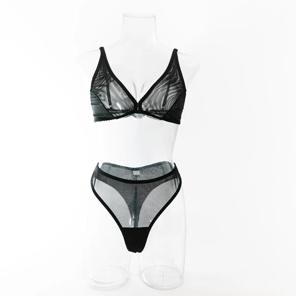 Wirelss Comfortable Bra Brasil Pantie Lingerie Set Basic Solid Mesh Sheer Underwear Transparent Intimate Seducing Lenceria