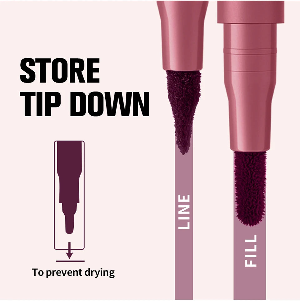 2-in-1 Lip Contour Lip Stain Pen Smudge-proof Non-stick Cup Moisturizing Lip Makeup Cosmetic Dual-Sided Tip Lip Stain & Liner