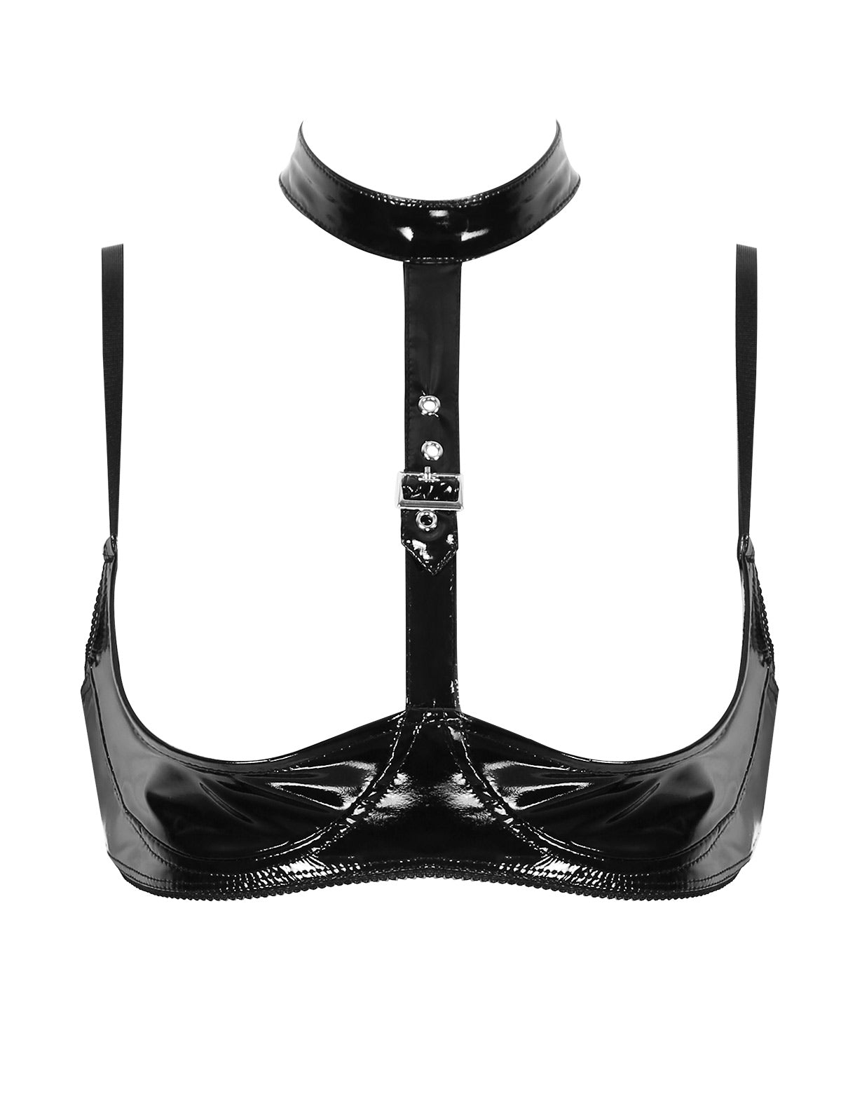 Lingerie Sexy Set Women Wetlook Patent Leather Wire-free Open Cup Sexy Bra with Ruffle Built-in Thongs Garter Belt Mini Skirts