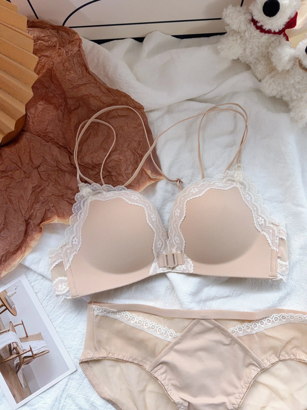Hot Sale Front Closure Leopard Push Up Bra Set for Women, Backless Small Chest Lift Comfortable Underwear Set