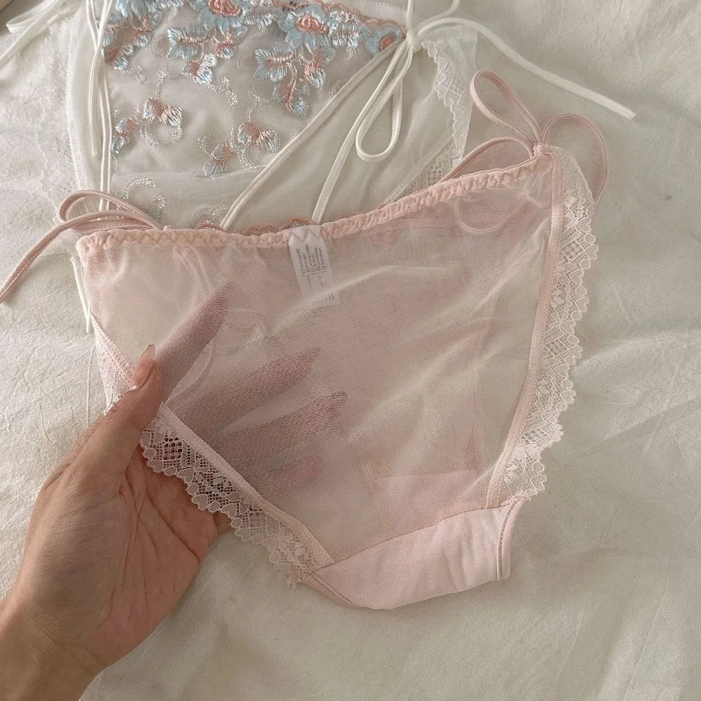 Lingerie Low Waist Embroidery Flower Panties Cotton Crotch Sweet Underwear for Women Transparent Mesh Lace Briefs Girl