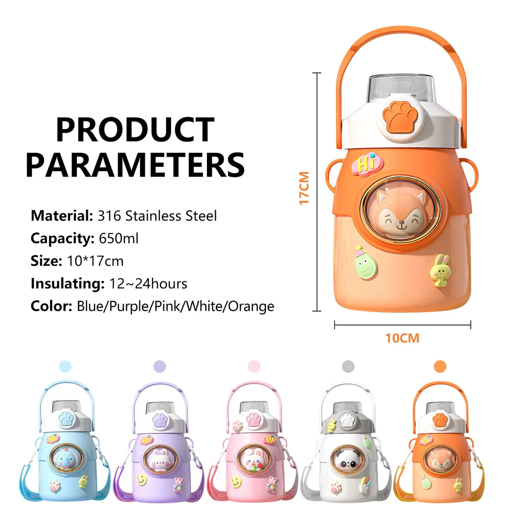Cute Kawaii Thermal Mug 650ML 316 Stainless Steel Thermos for Tea Kid Children Drinks Stainless Steel Water Bottle