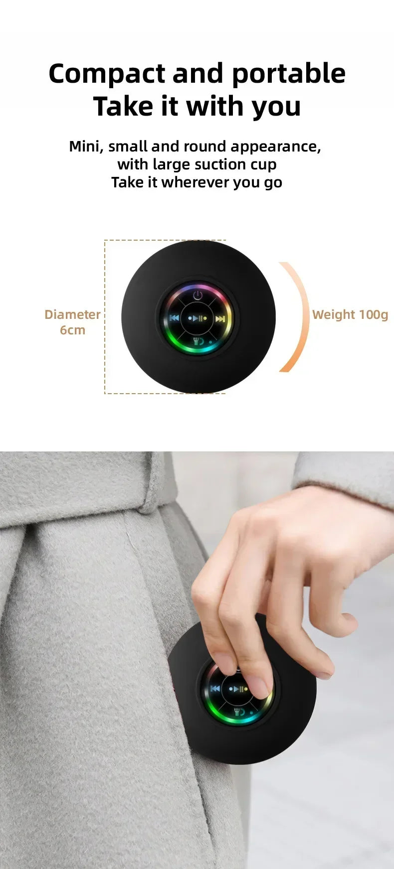 Bluetooth Shower Speaker Portable Wireless Mini Speaker with Mic Suction Cup IPX4 Water Resistant for Travel Pool River Floating
