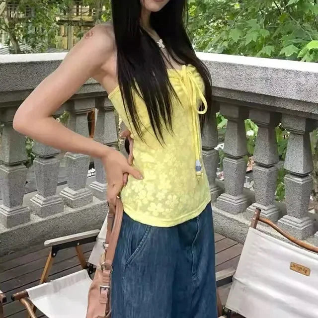 Summer Beach Vacation Floral Tube Top For Women Lace Up Camisole Sexy Backless Basic Top Halter Camis Y2k Streetwear