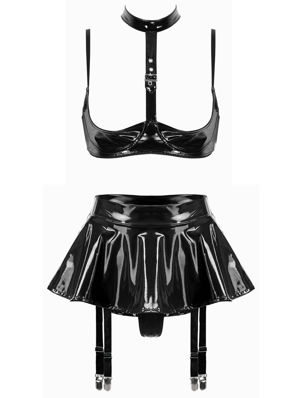 Lingerie Sexy Set Women Wetlook Patent Leather Wire-free Open Cup Sexy Bra with Ruffle Built-in Thongs Garter Belt Mini Skirts