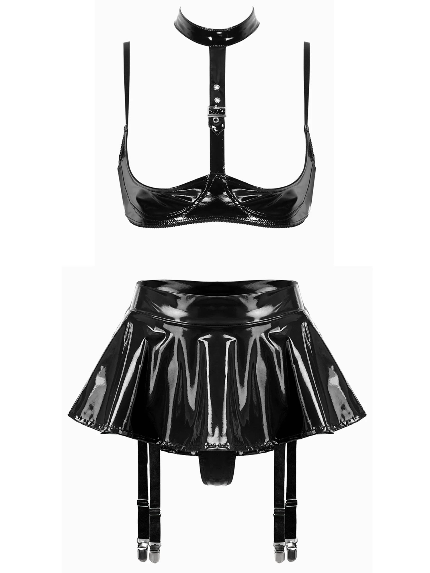 Lingerie Sexy Set Women Wetlook Patent Leather Wire-free Open Cup Sexy Bra with Ruffle Built-in Thongs Garter Belt Mini Skirts