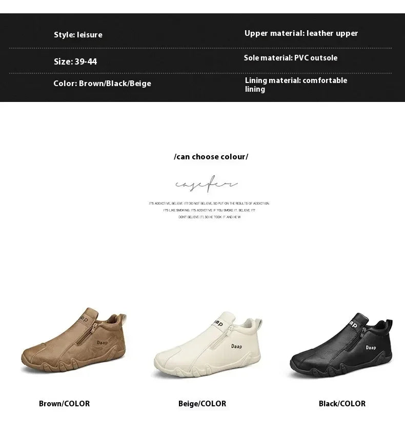 Men's Leather Shoes Ankle Boots Casual Leather Loafers Zipper Comfortable Formal Flat Solid Color White Shoes Driving Moccasins