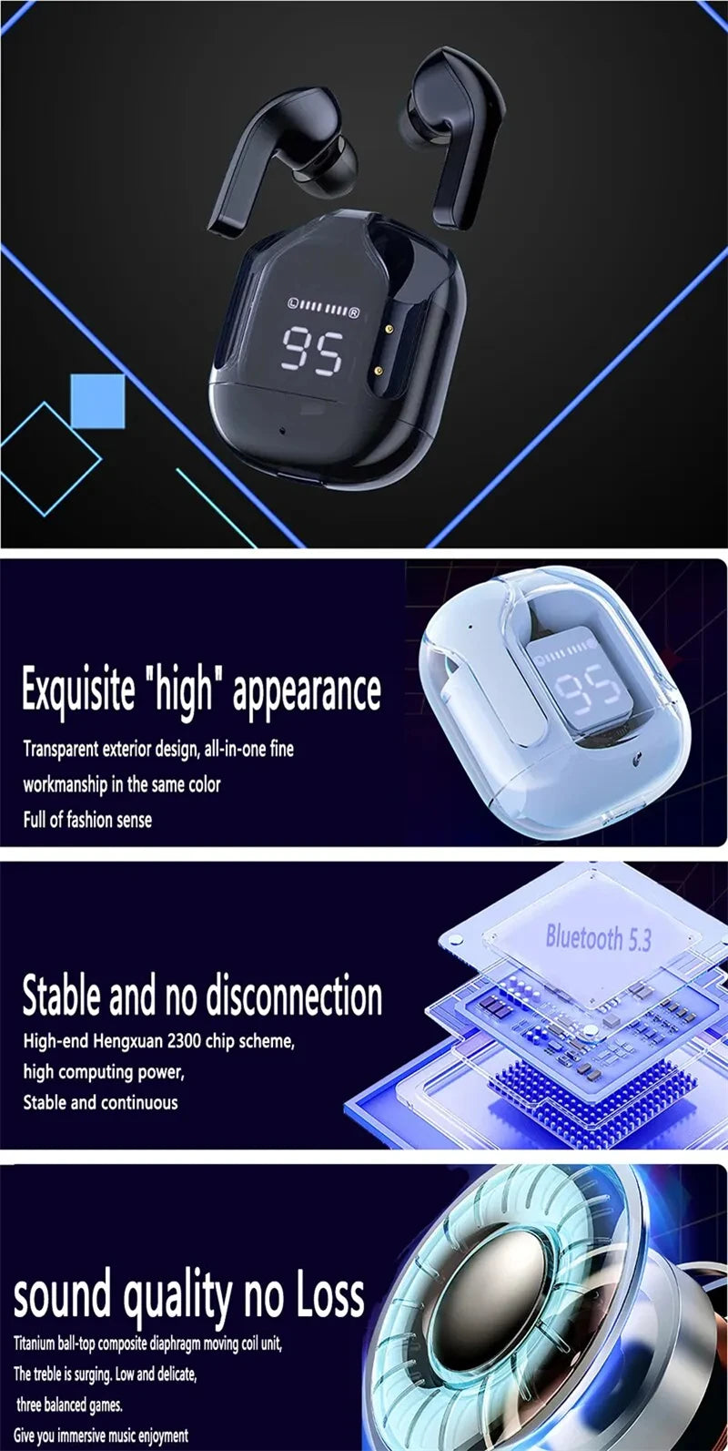 Wireless Bluetooth Headset Transparent Design with LED Digital Display Stereo Sound TWS Earphone for Sports Working-Air BT30