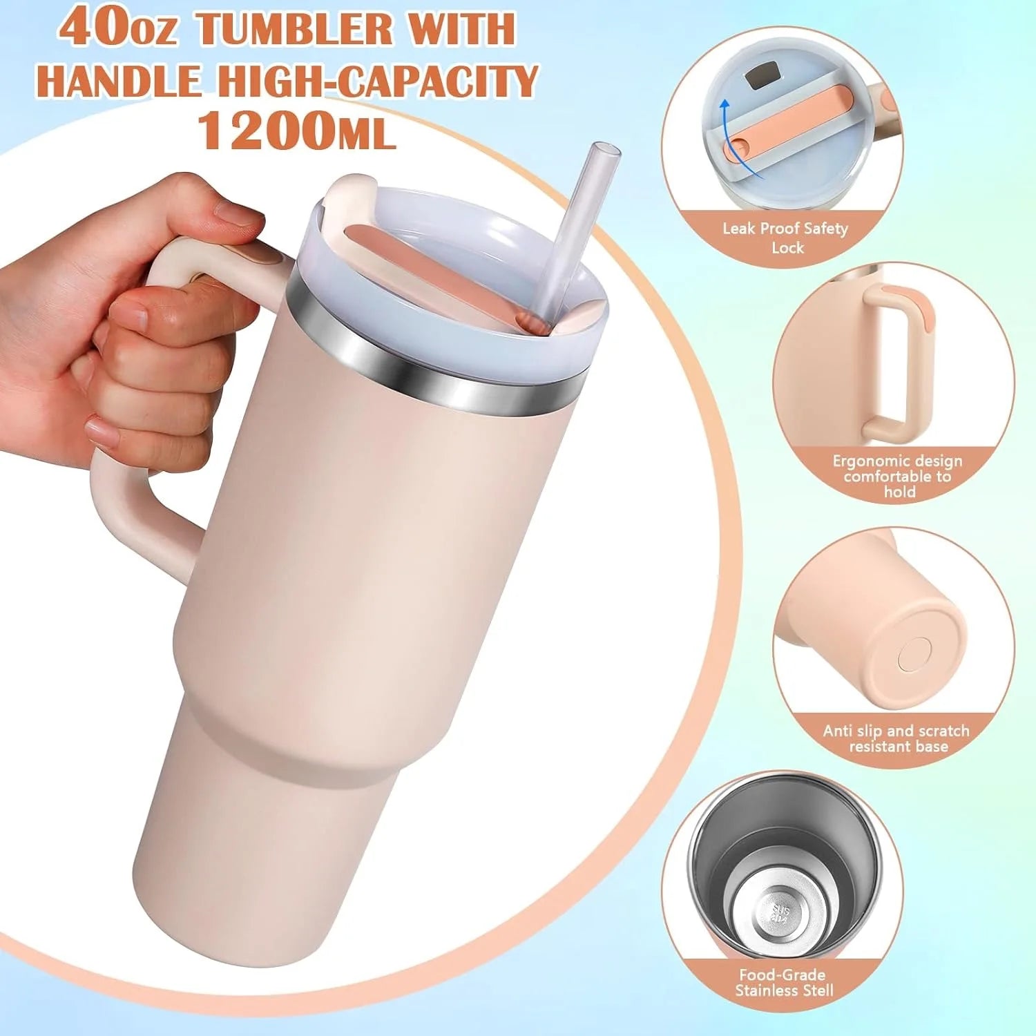 40oz Car Thermal Mug Insulated thermos with Handle Water Bottle 1.18L Stainless Steel Vacuum Drinking Cup for Hot Water