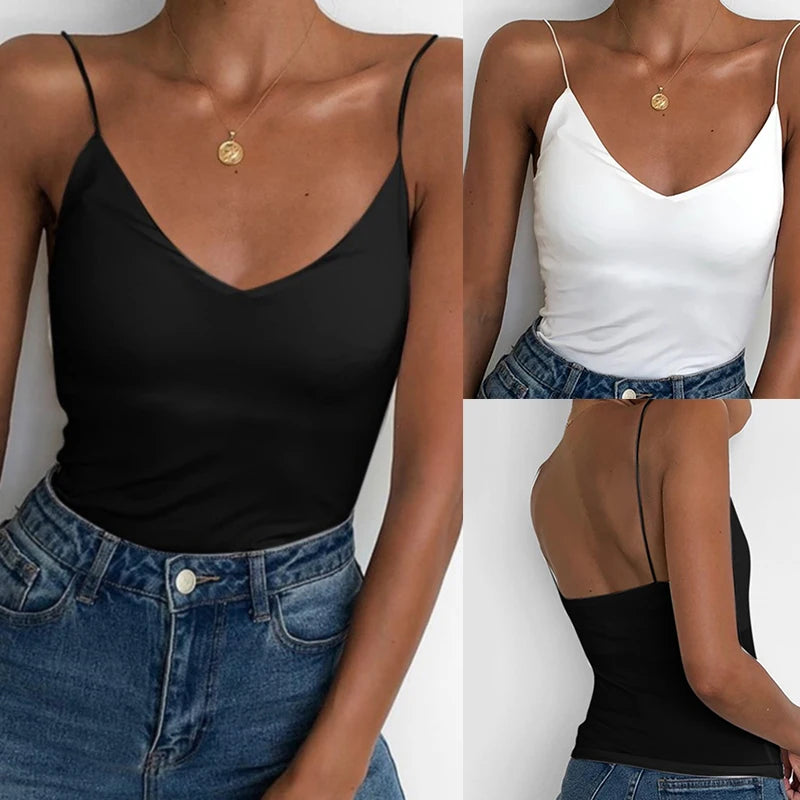Summer Sexy Vest Women Thin V-neck Strap Camisole Top Solid Color Tank Tops Female Slim Fit Sleeveless For Ladies