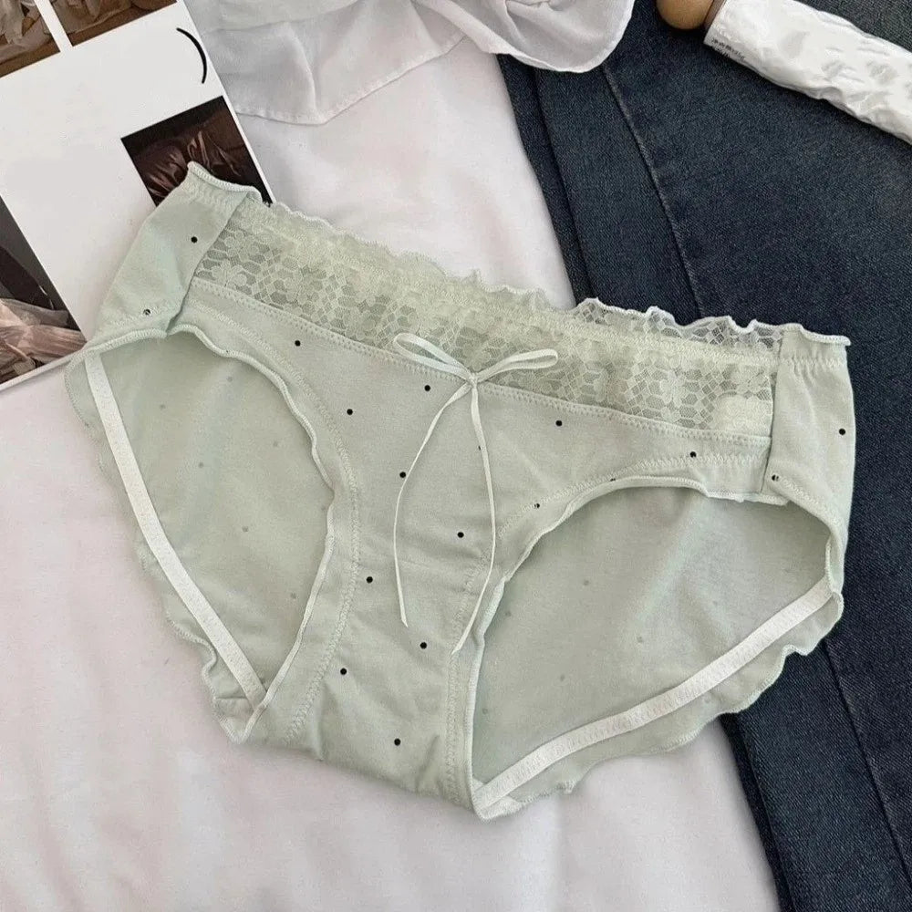 Lingerie Mid-waist Underwear Women Ruffle Patchwork Cotton Bow Briefs Dots Underpants Sweet Panties Summer