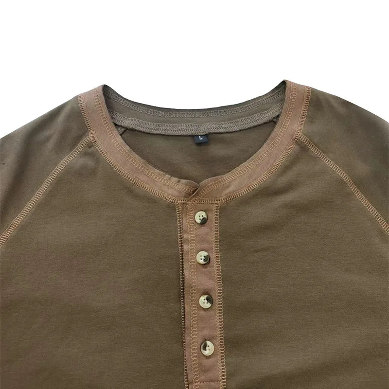 Summer  Autumn Men's American Heavy Cotton Henry Shirt  Long Sleeve Fitness Tough Guy T-Shirt Casual  T Shirt for Men Clothing